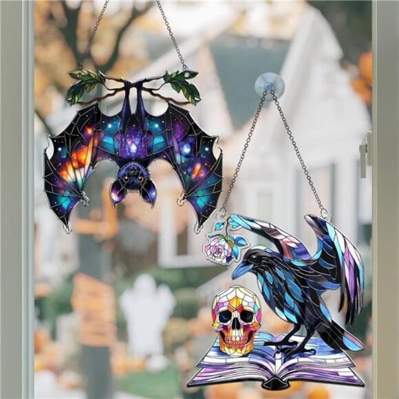 2 Halloween Skull Raven Bat Acrylic Suncatchers, 6